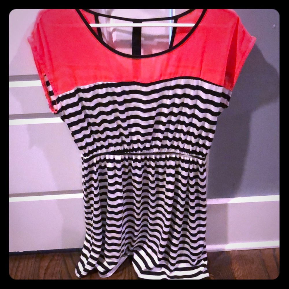 Black & white stripe dress w/ neon sheer detail